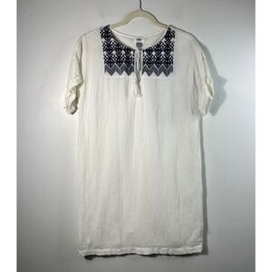 Old Navy White Embroidered Tassel Neck Dress Gauze Textured Size M